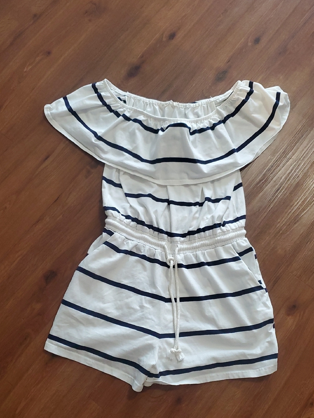 Ellison White Romper with Navy Stripes